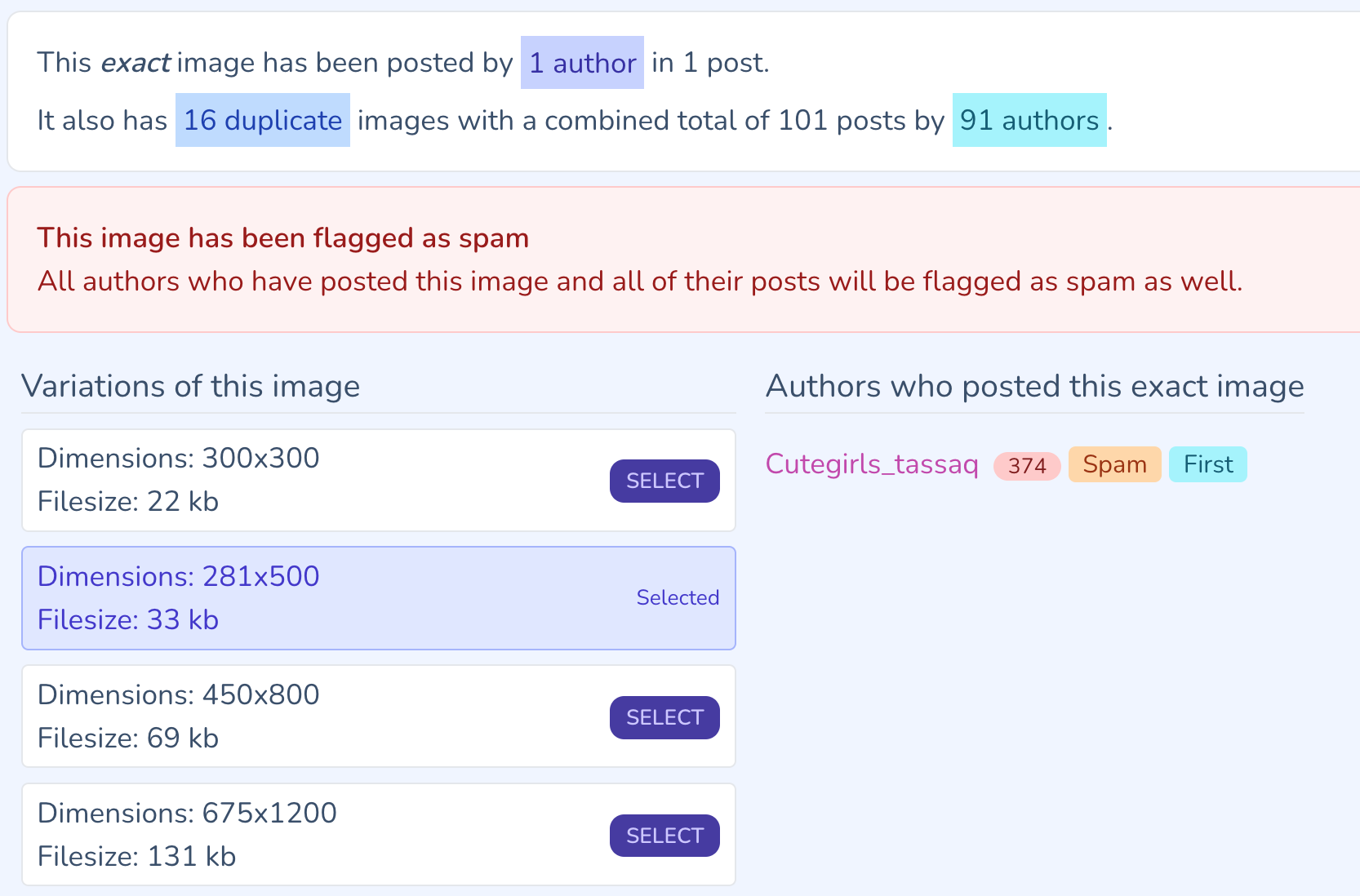 Screenshot of ENMLounge duplicate media detection and banning results